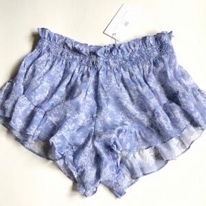 Caroline Constas Blue Floral Ruffle Mini Shorts